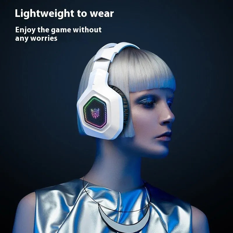 Black wireless gaming headset with RGB lighting showing lightweight PC ABS construction