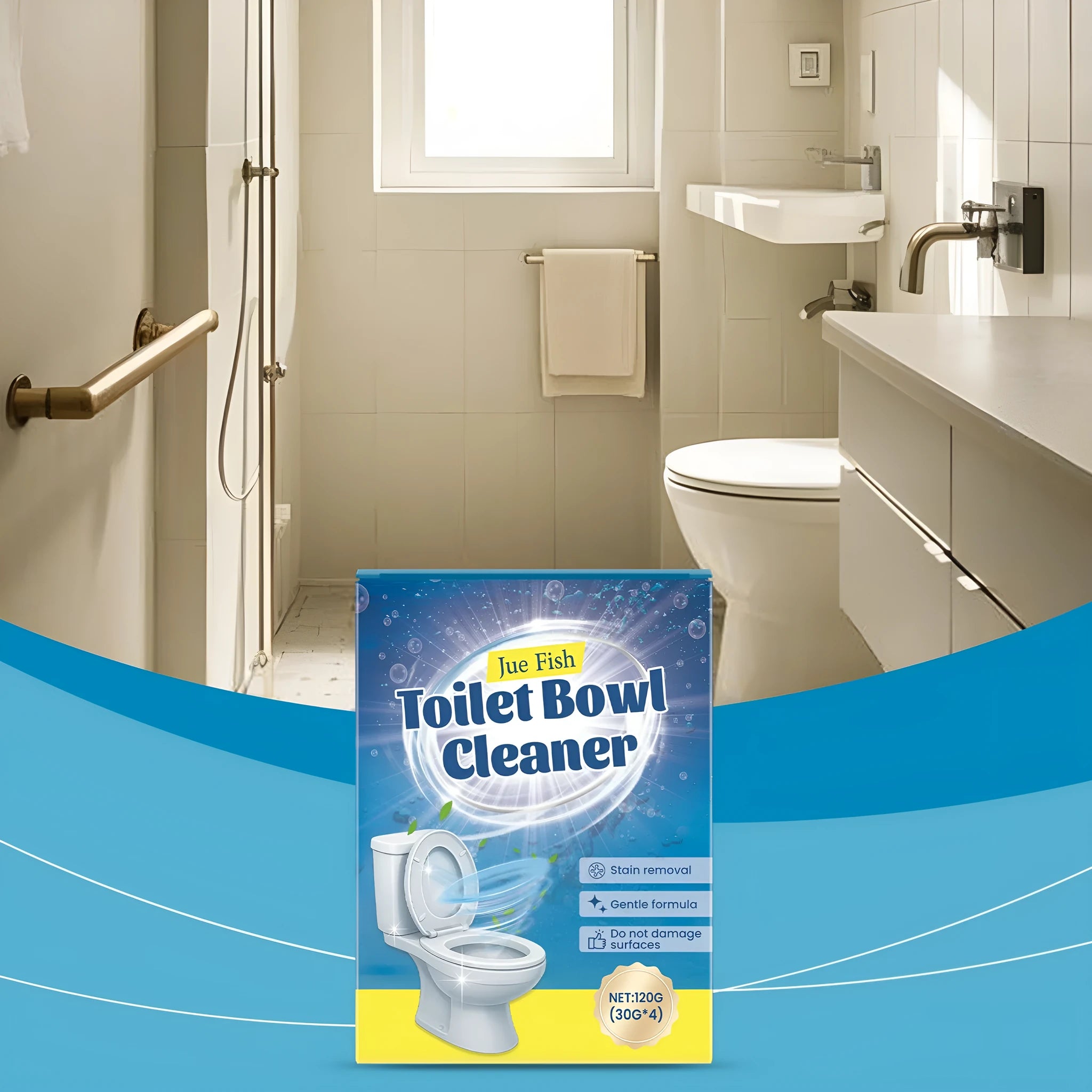 Four sachets of white toilet cleaning powder with 30g labelling for limescale and stain removal.