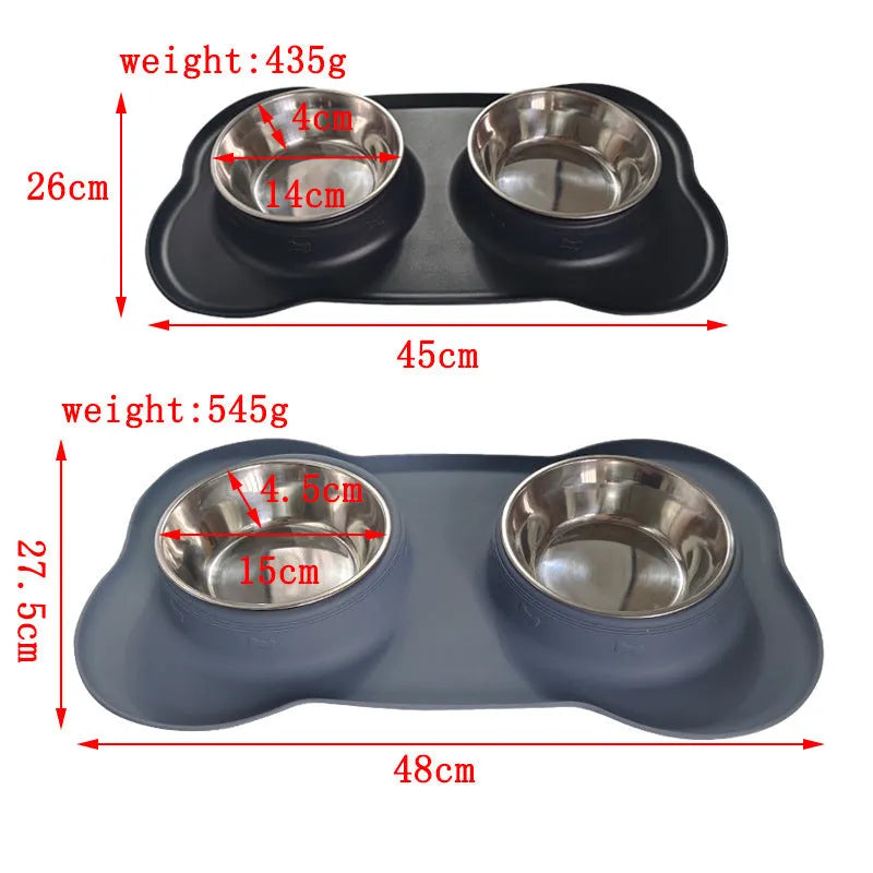 Large silicone pet feeding mat with two bowl slots in blue colour on hard floor