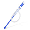 Blue manual hand siphon pump for transferring fuel and liquids.
