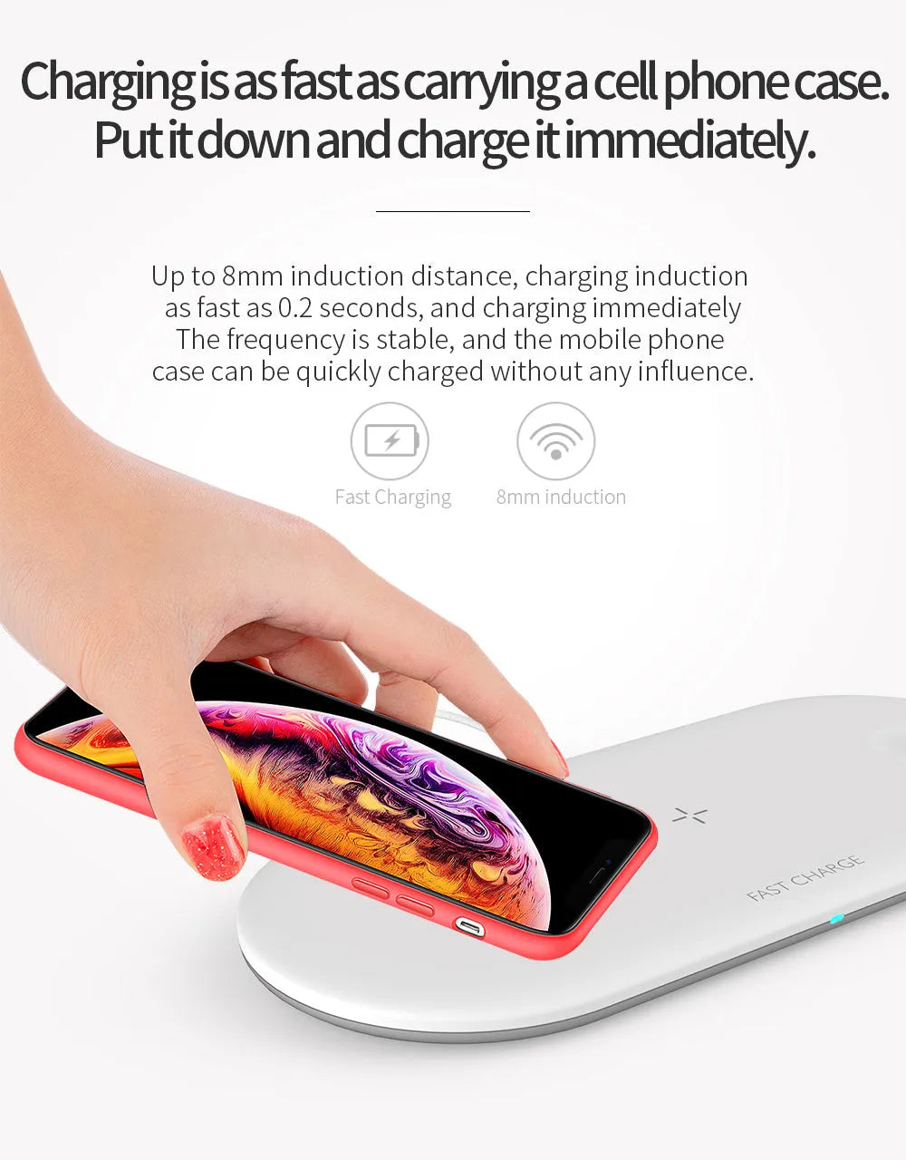 White triple wireless charging station for iPhone, iWatch, and headphones on desktop