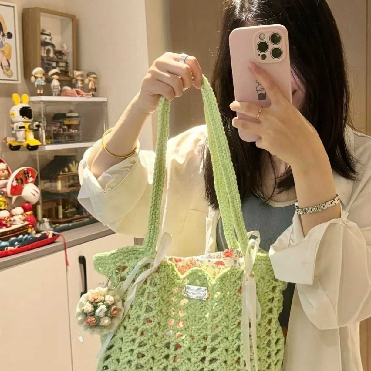 Hand-woven wool summer bag with floral pattern in multiple style variations