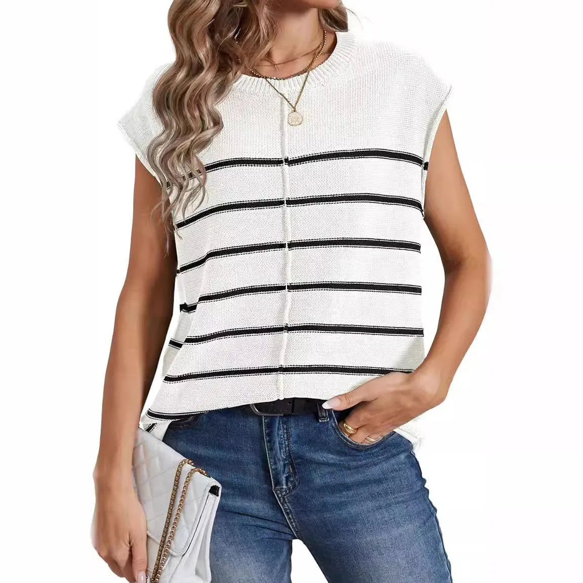 Women's striped sleeveless pullover vest in acrylic fabric on a hanger