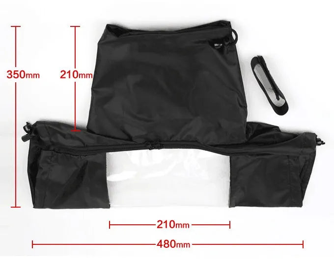 Black DSLR camera rain cover with elastic edges protecting long lens from rainfall