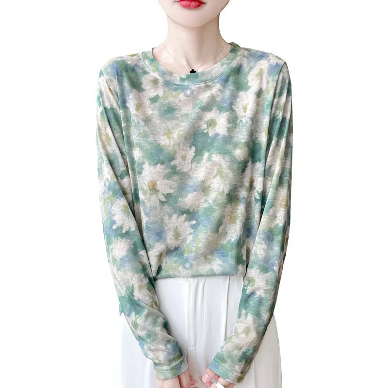 Round neck pullover shirt in Tencel cotton fabric with colourful floral print design