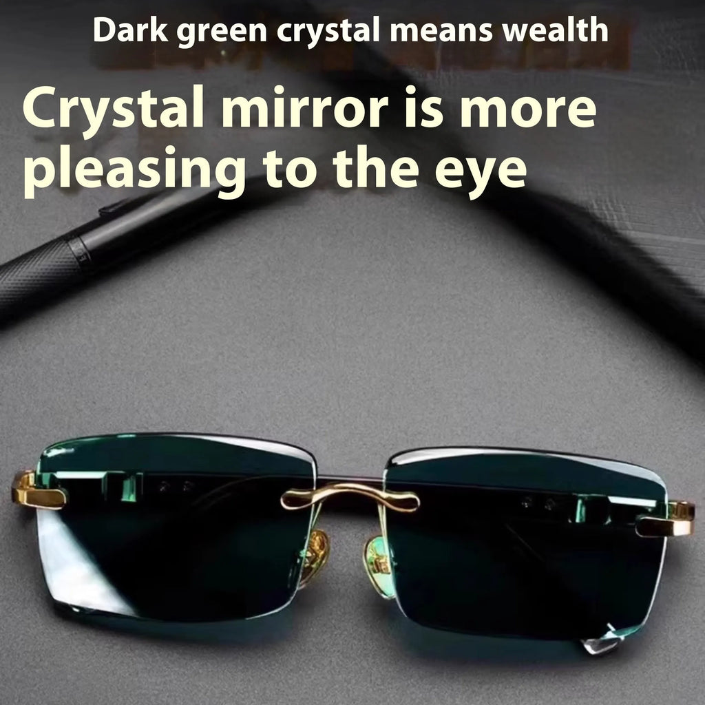 Dark green tinted frameless sunglasses with round lenses, shown with a glasses case and cleaning cloth.