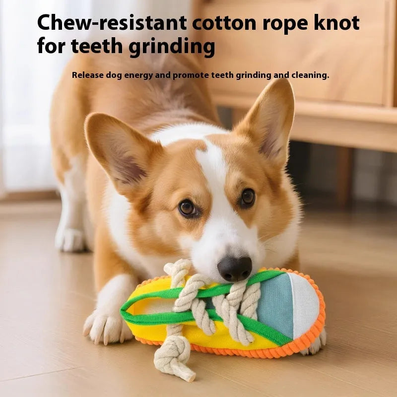 Colour options for a plastic sound slippers dog toy: rock yellow, black, and sea fog blue.