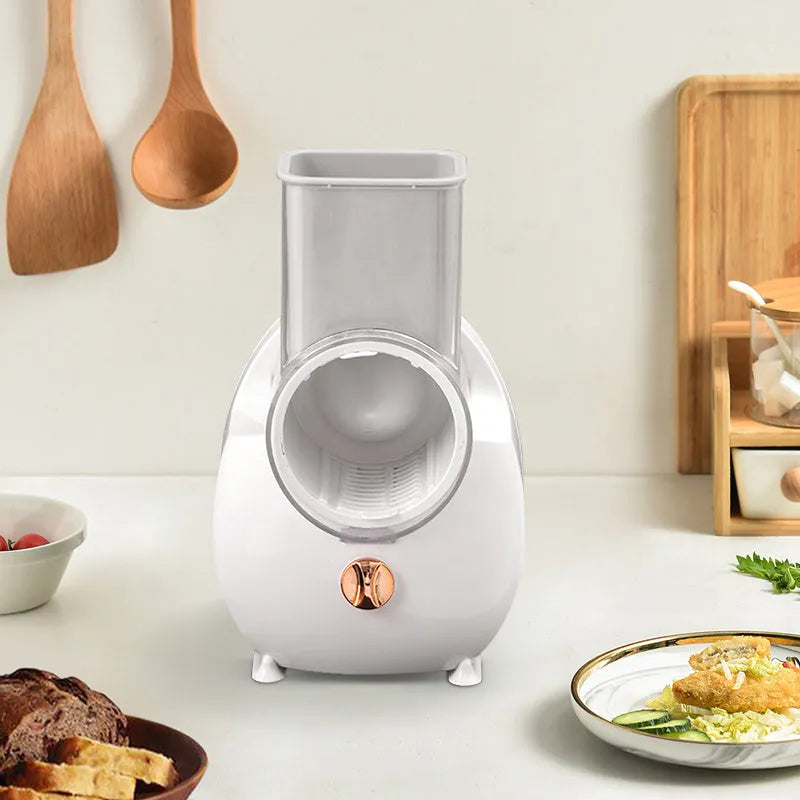 White electric vegetable slicer with rotary grater and strong suction base for kitchen use