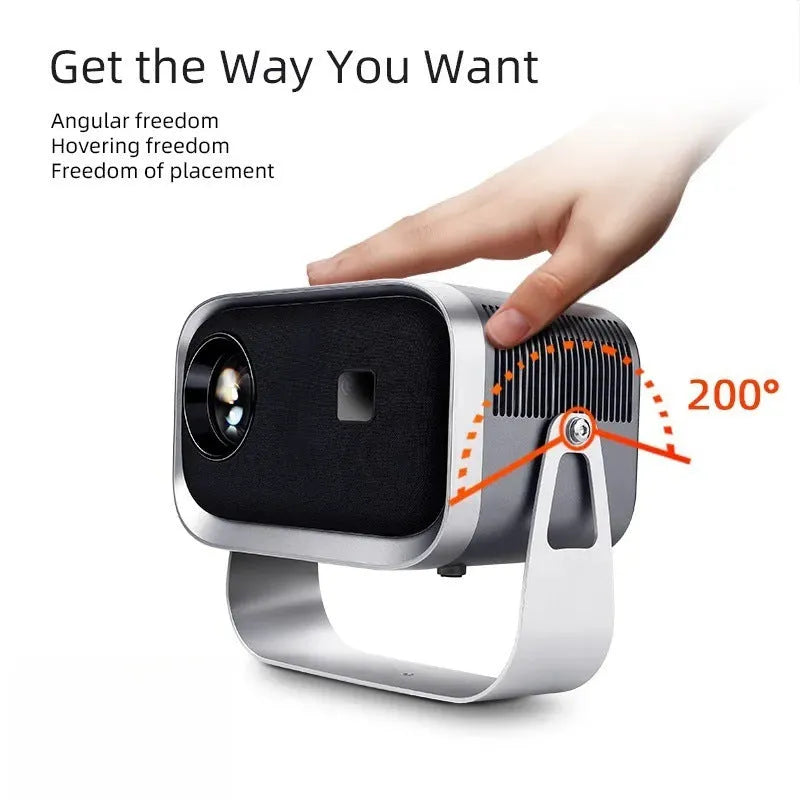 Android 4K smart projector displaying 1080p content with mobile screen mirroring capability