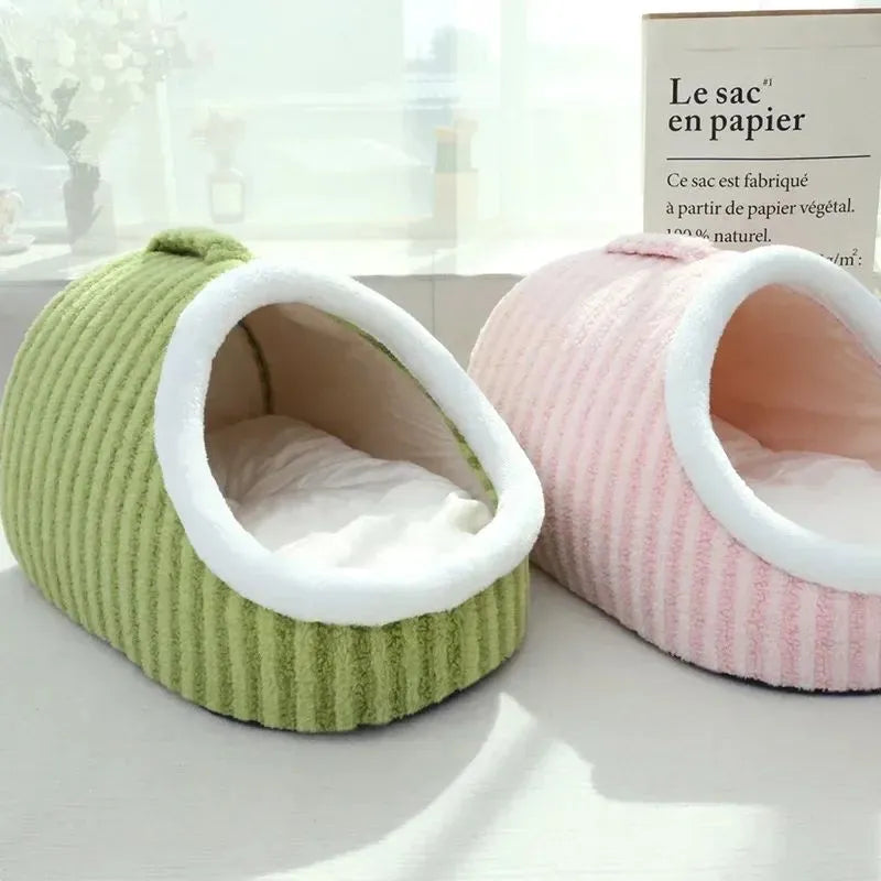 Blue striped thickened 3D dog bed with raised sides and a hole for burrowing, showing removable sponge insert.