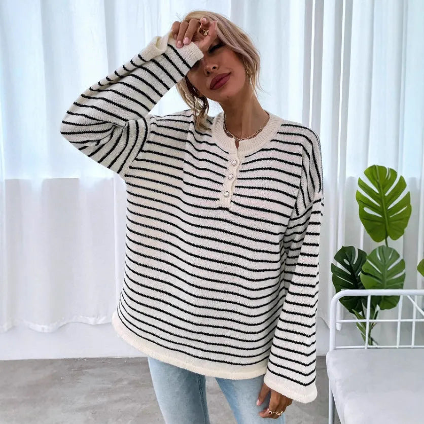 Black women's striped casual top with drop-shoulder sleeves and button details