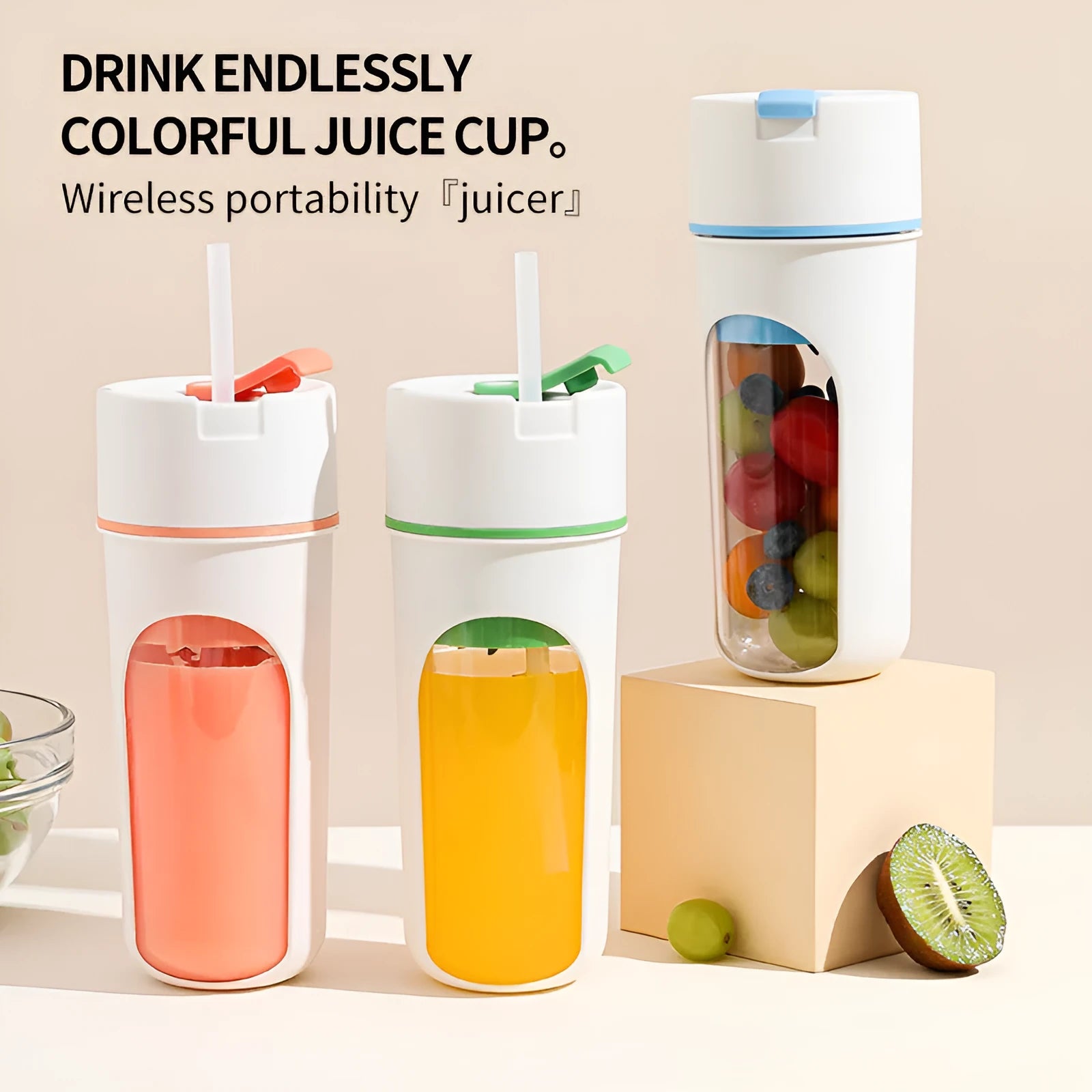 Portable USB rechargeable kitchen juicer in blue, green or orange with 400ml capacity