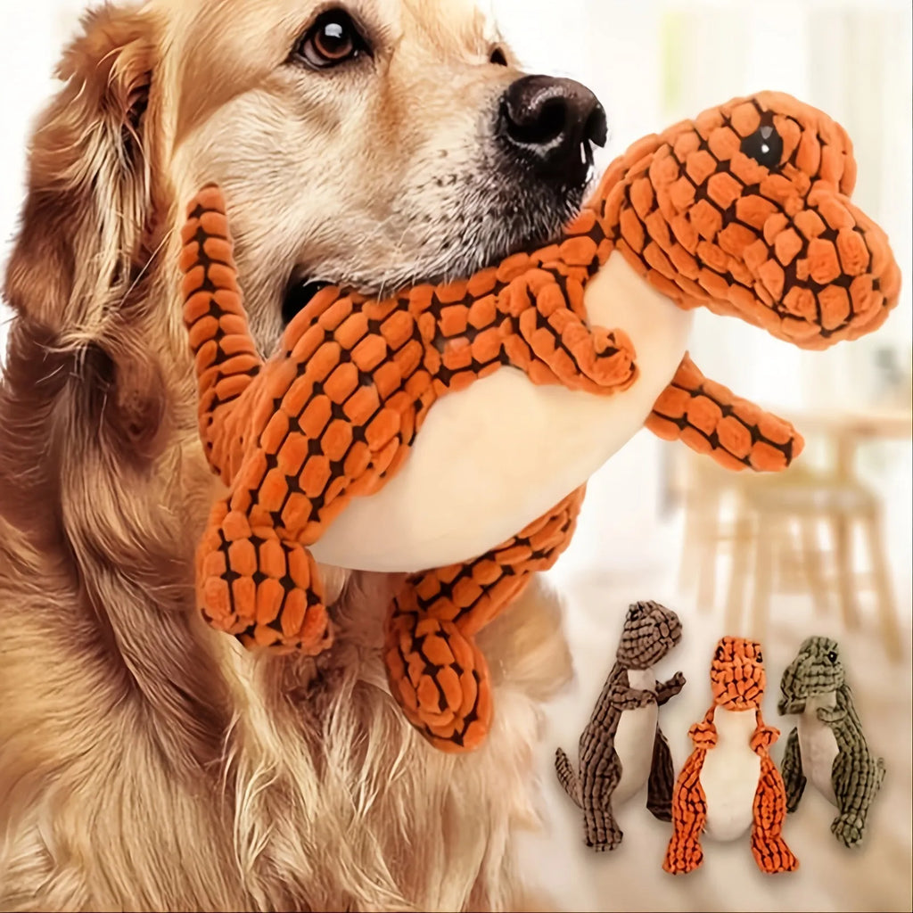 Grey, green, or orange durable dog toy with sound feature, shown next to a measuring tape indicating 35 cm length.