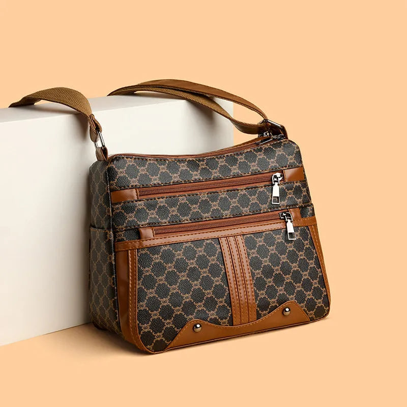 Brown women's crossbody bag with stitching pattern and large capacity design