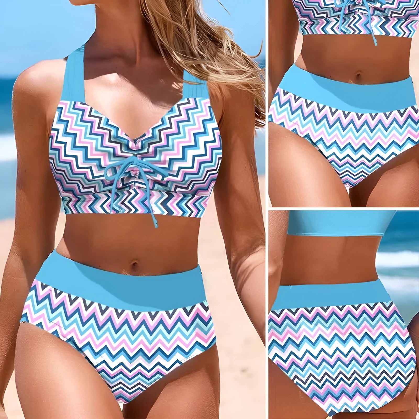 Blue women's cross-strap bikini top and briefs on a mannequin.