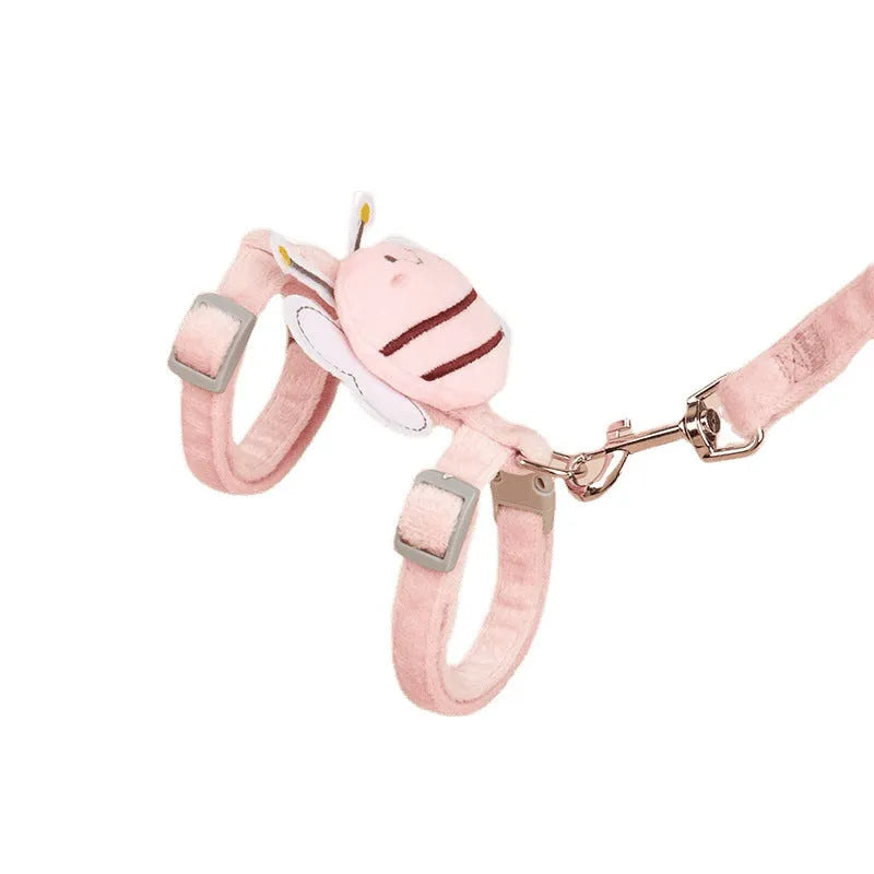 Bee shaped adjustable cat harness and rope lead set in blue, pink, or yellow.