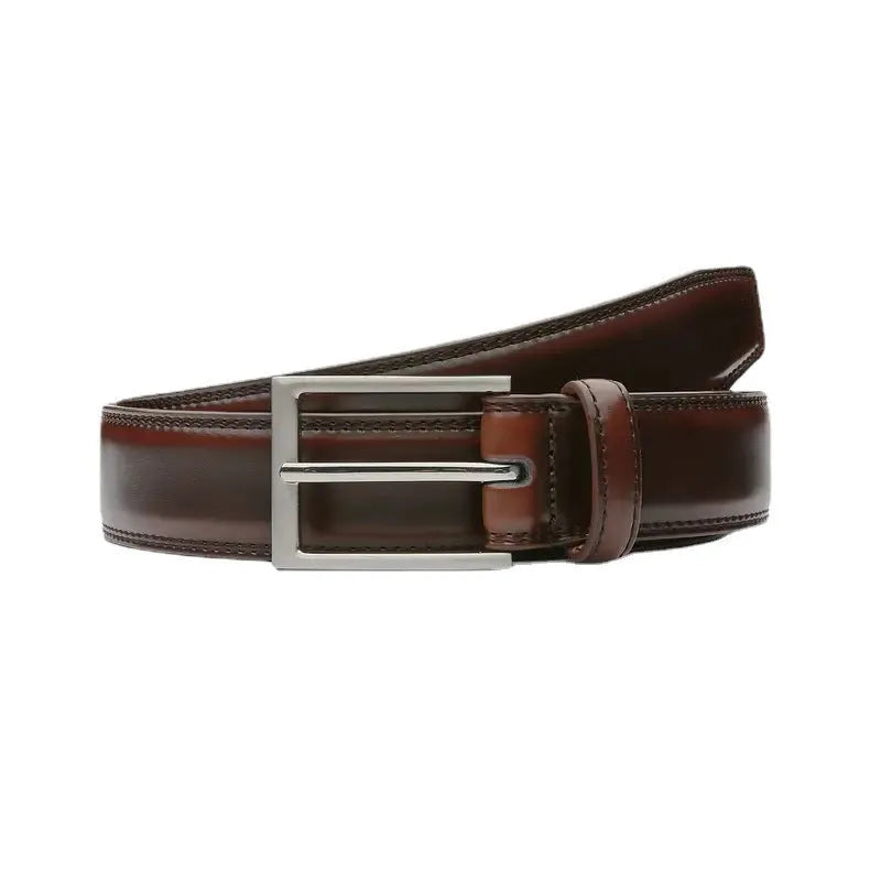 Men's genuine leather casual belt with an alloy buckle, shown in brown grain.