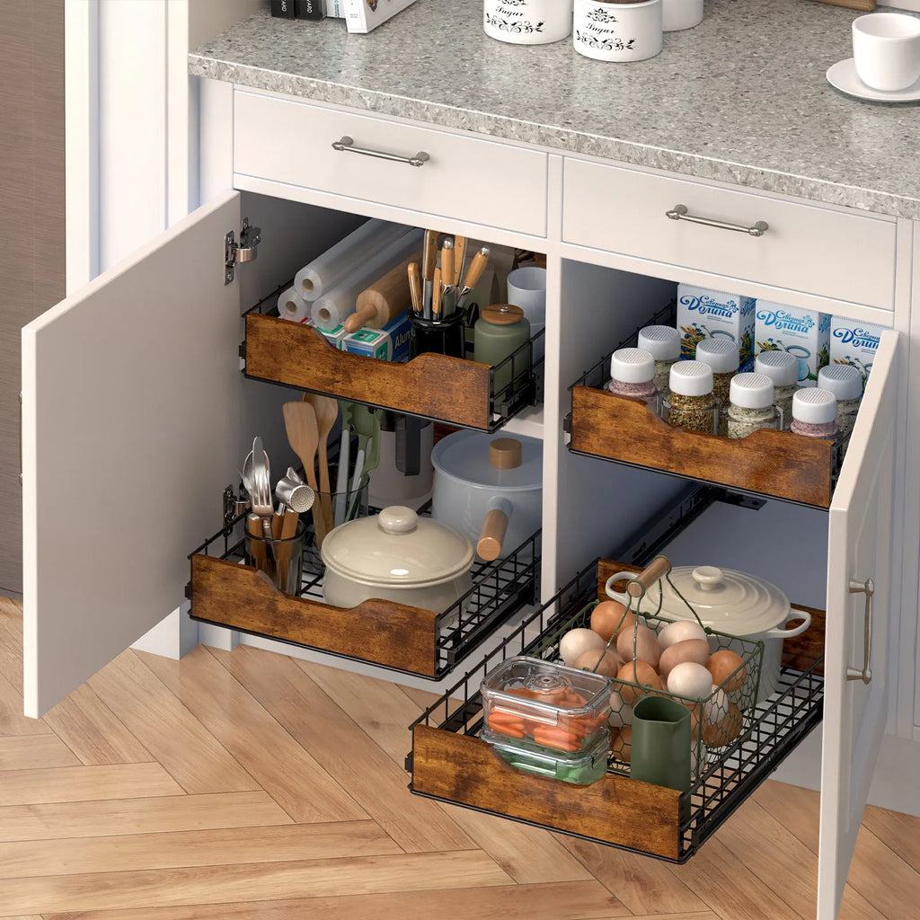 A black modern storage rack with wooden pull baskets and an iron frame for kitchen organisation.