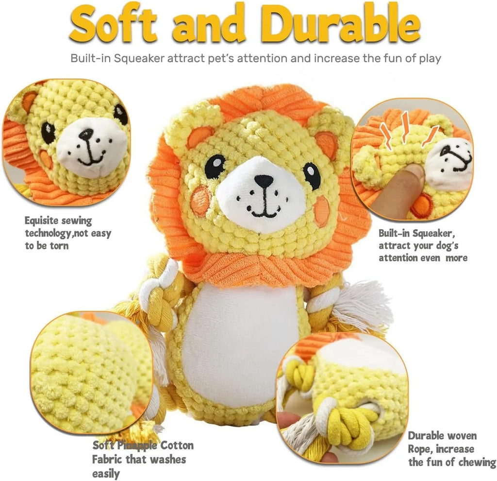 Lion and monkey plush squeaky dog toys with no-stuffing construction for medium large dogs