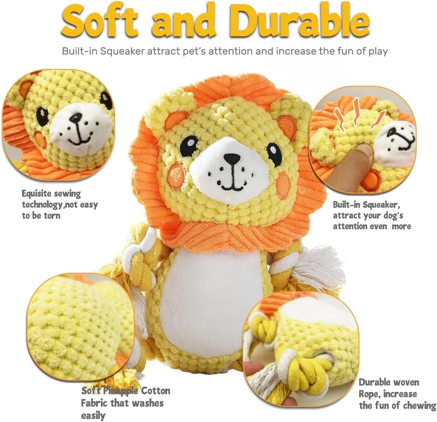 Lion and monkey plush squeaky dog toys with no-stuffing construction for medium large dogs