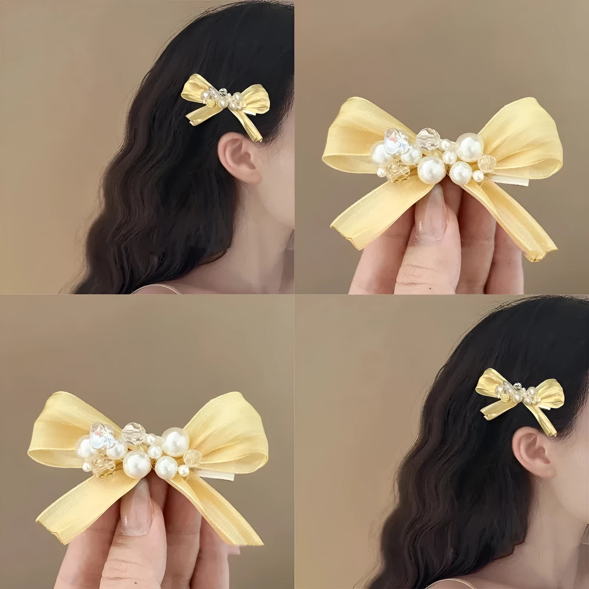 Yellow fabric bow barrettes with rhinestone pearl duckbill clip hair accessories