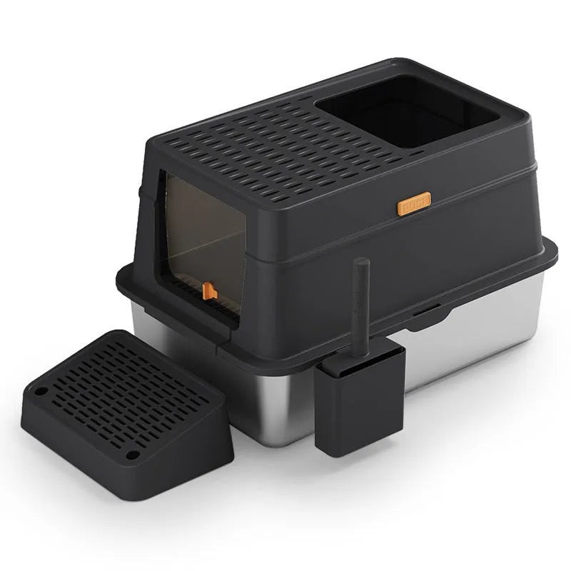 Grey enclosed cat litter box with a front pedal and removable top lid.