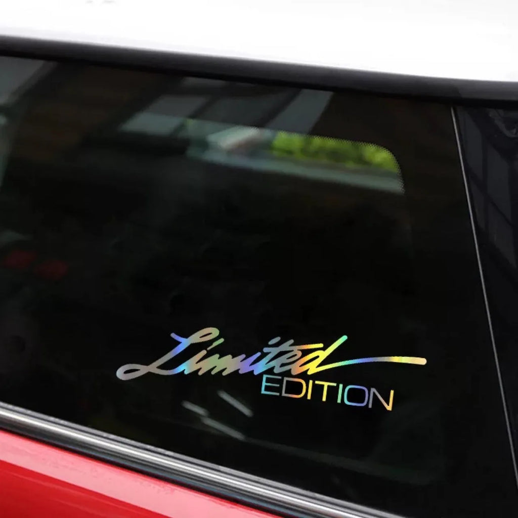 Black laser reflective car sticker with text design measuring 50x200mm for vehicle visibility enhancement