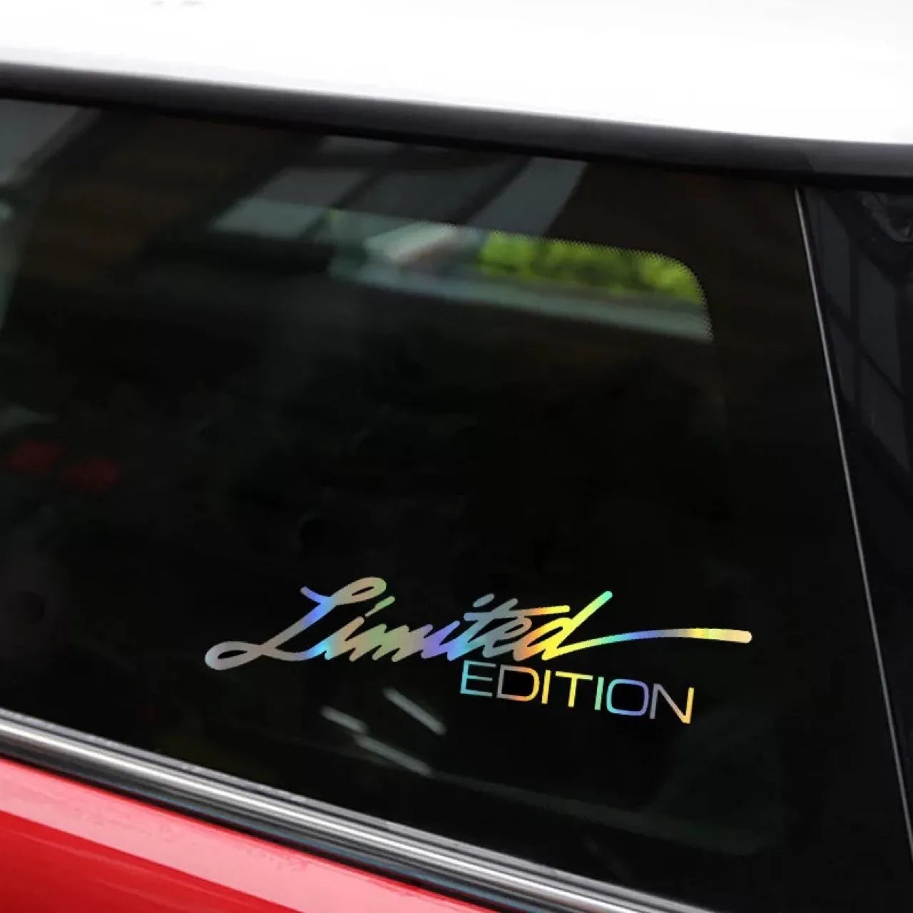 Black laser reflective car sticker with text design measuring 50x200mm for vehicle visibility enhancement