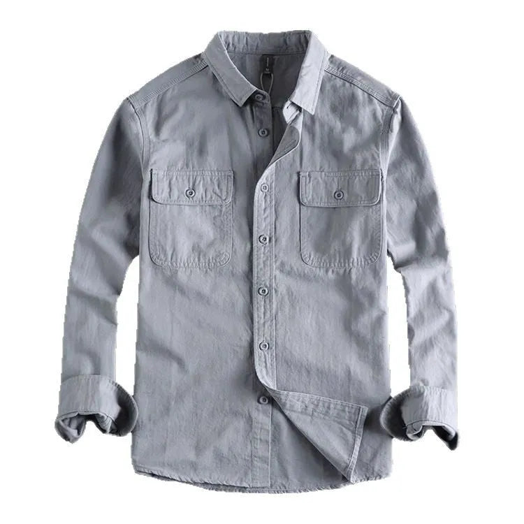 Men's loose fit long sleeve shirt overall in polyester fabric showing cardigan style and colour options