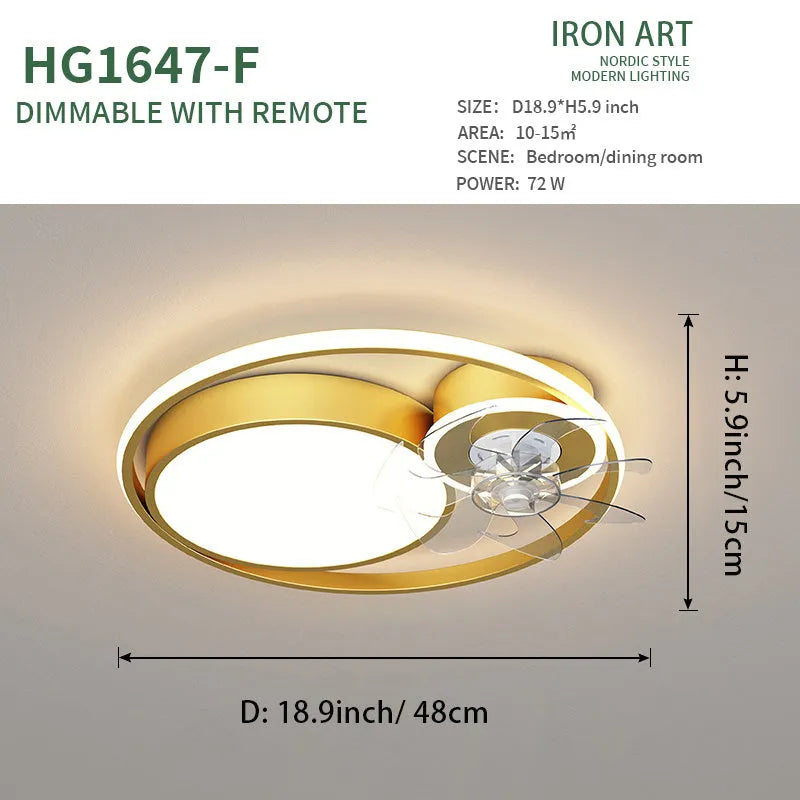 Nordic style ceiling fan light with metal blades and acrylic lampshade in 48cm diameter
