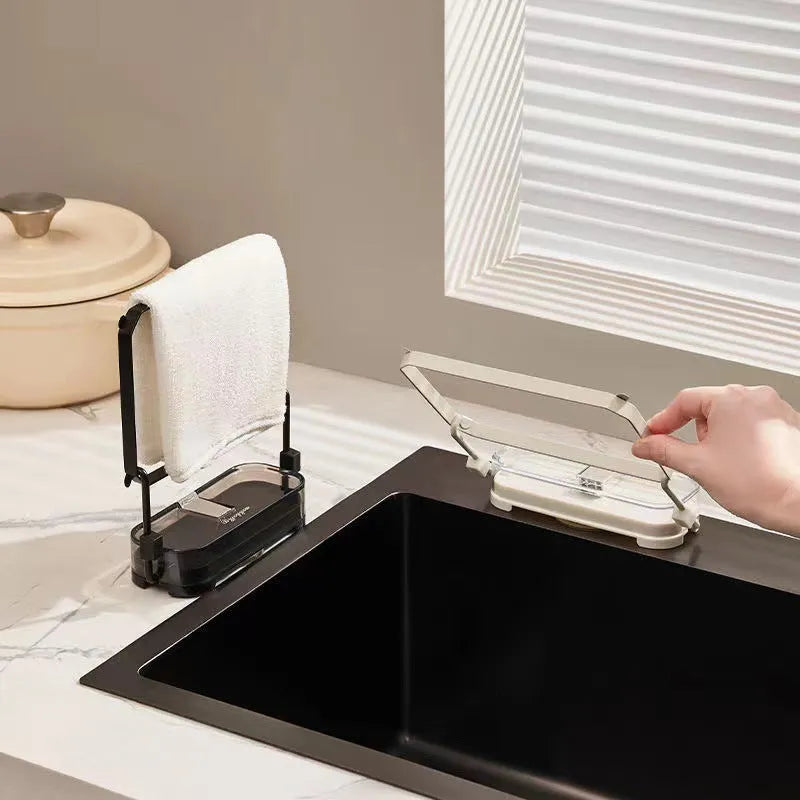 Dark green gold kitchen sink filter rack with suction cups and disposable mesh screen.