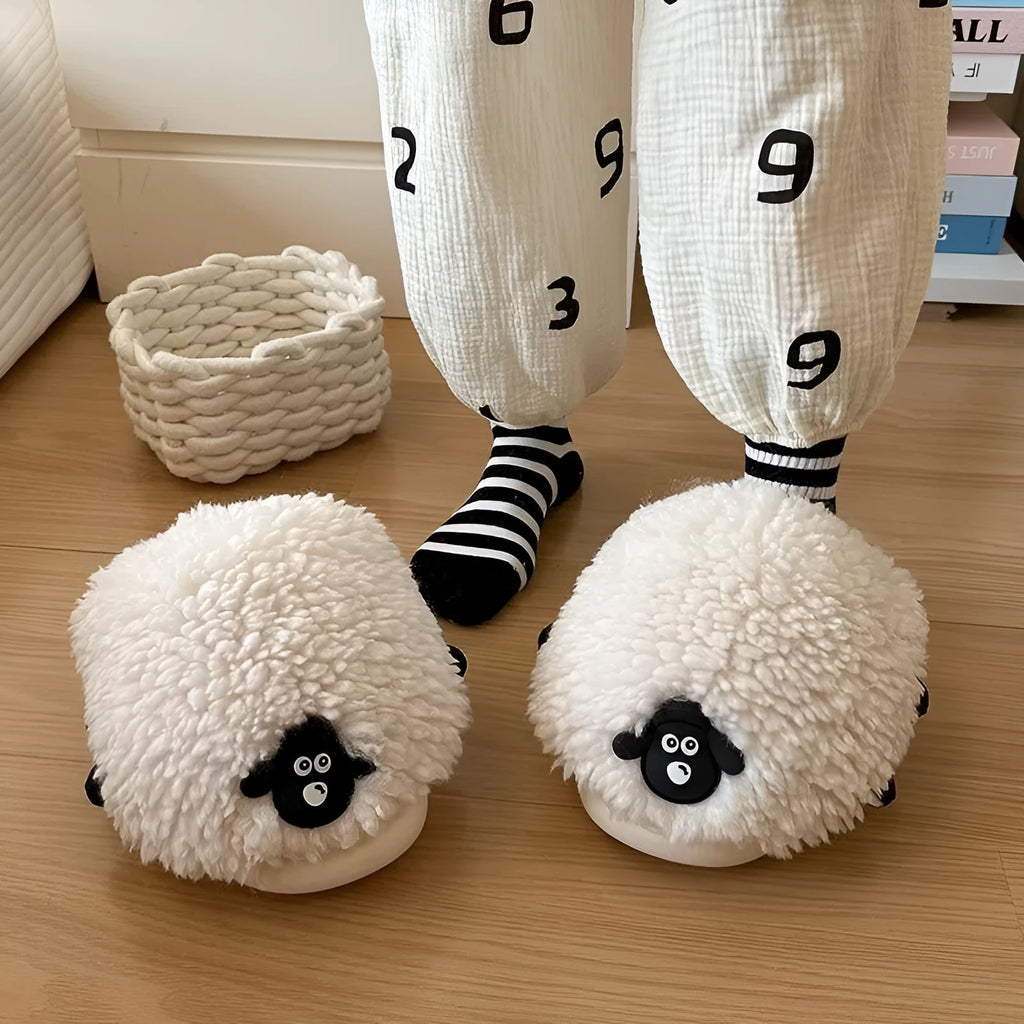 Women's cartoon sheepskin cotton slippers with wool lining and non-slip PVC outsole in black and white upgrade