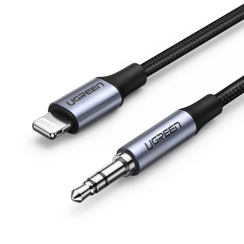 Black Apple Lightning to 3.5mm audio cable with shiny braided finish and aluminum connectors for car use.