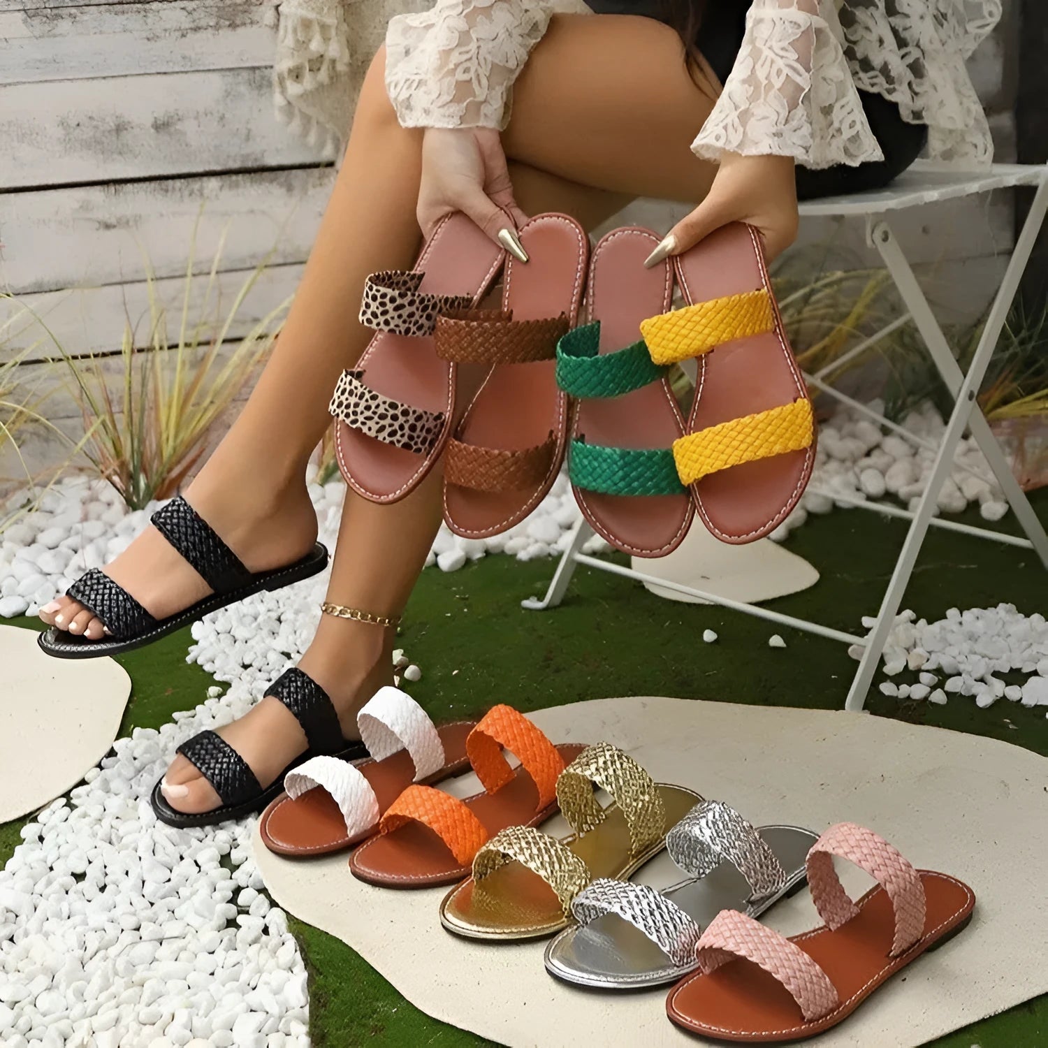 Plus size women's woven beach slippers in gold colour with a synthetic leather upper and PVC sole.