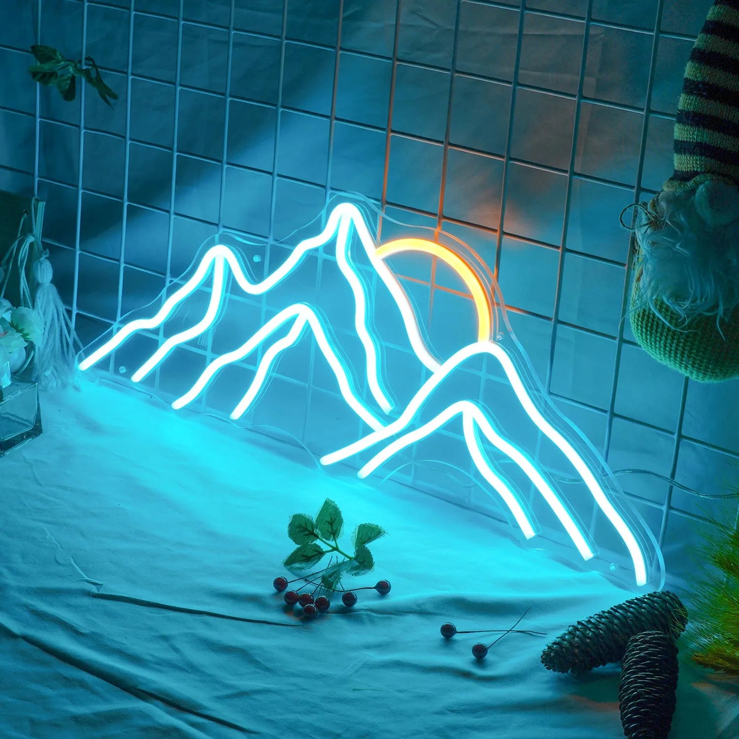 Mountain shape acrylic LED neon light with sunrise colour effect on a wall