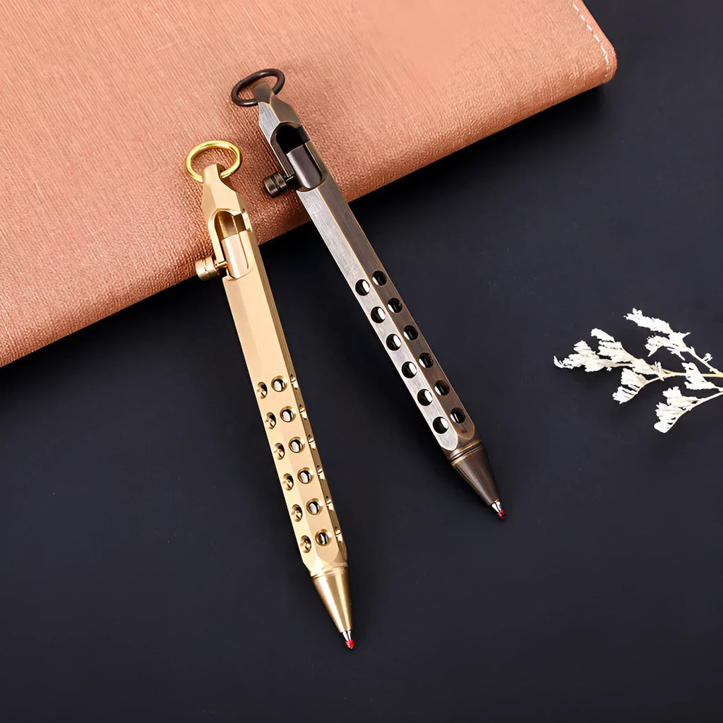 Brass hexagonal roller pen with six-angle barrel showing 0.5mm tip