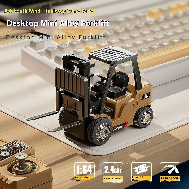 Blue alloy remote control forklift toy on wooden pallet with cargo accessories