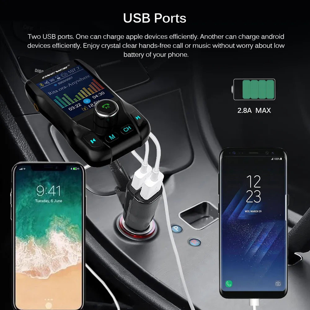 Black car Bluetooth FM transmitter with colour screen and dual USB ports plugged into a car power socket.