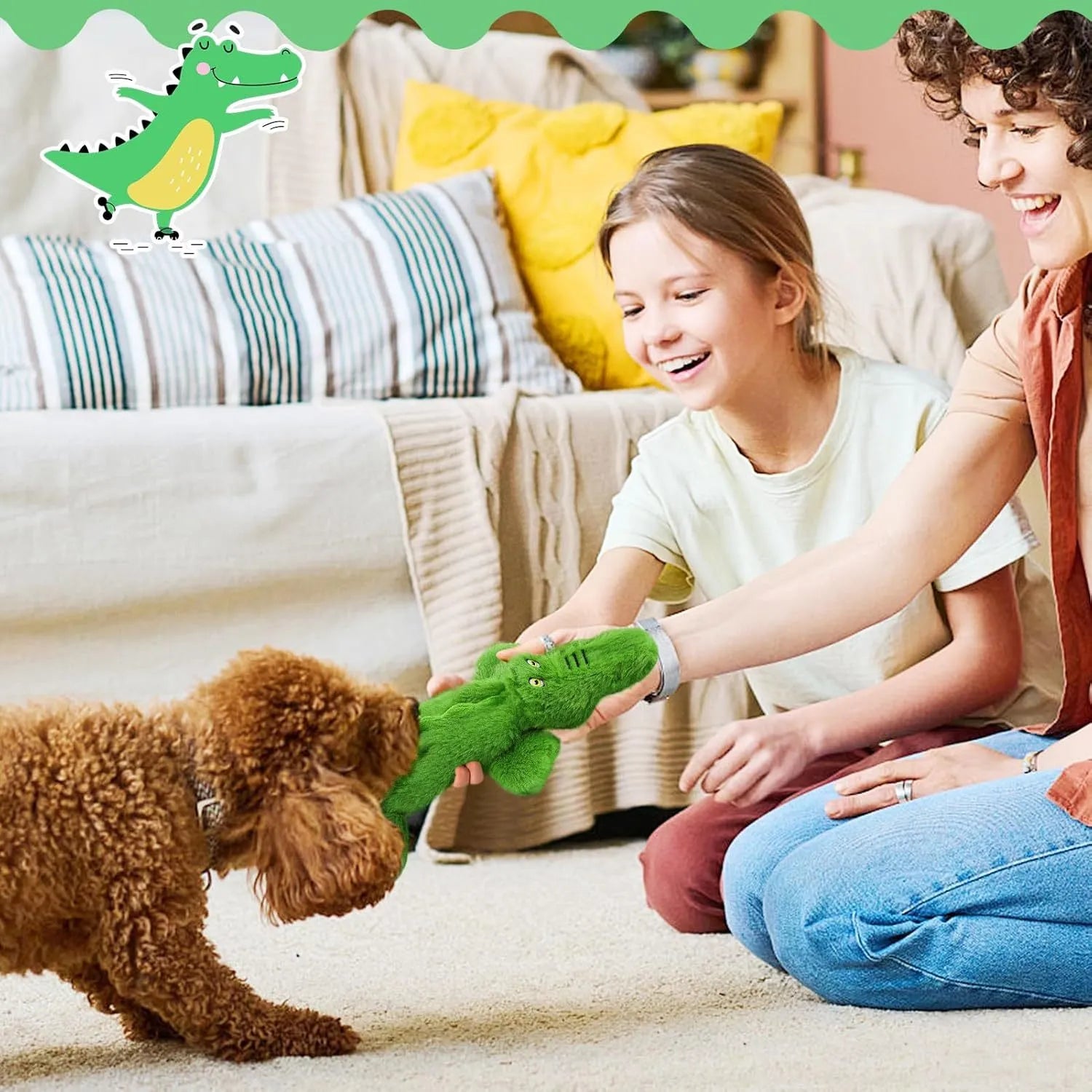 Green plush crocodile dog toy with no stuffing, featuring a squeaker and crinkle paper tail.