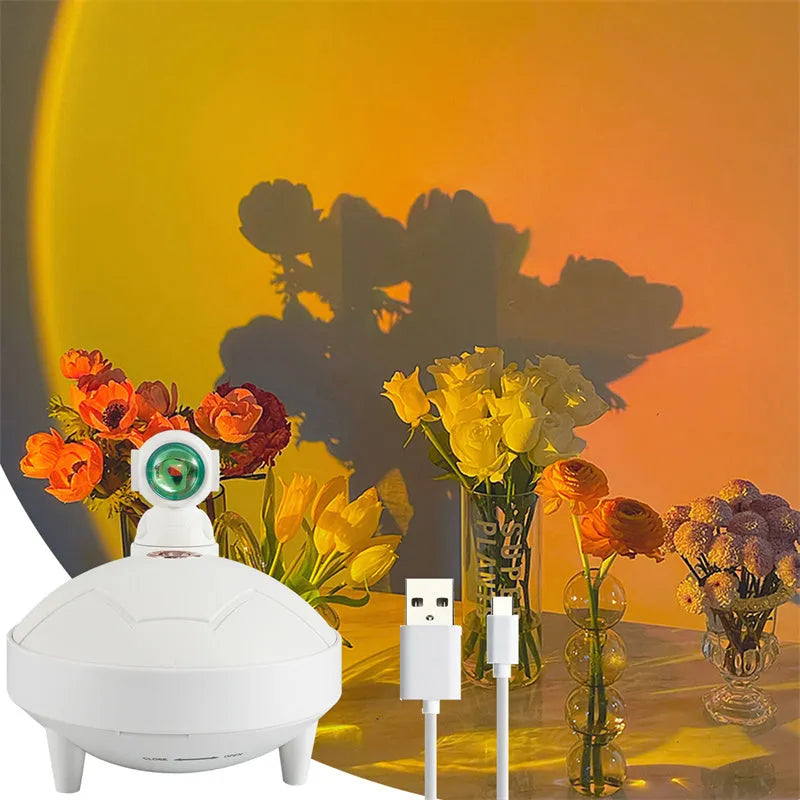 Astronaut sunset lamp humidifier in white with 360-degree rotating head and mist from single fog outlet