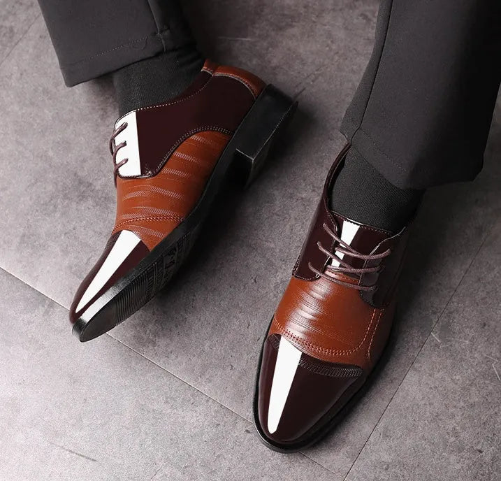 Men's black pointed toe dress shoes with low top and rubber sole, size 38-48