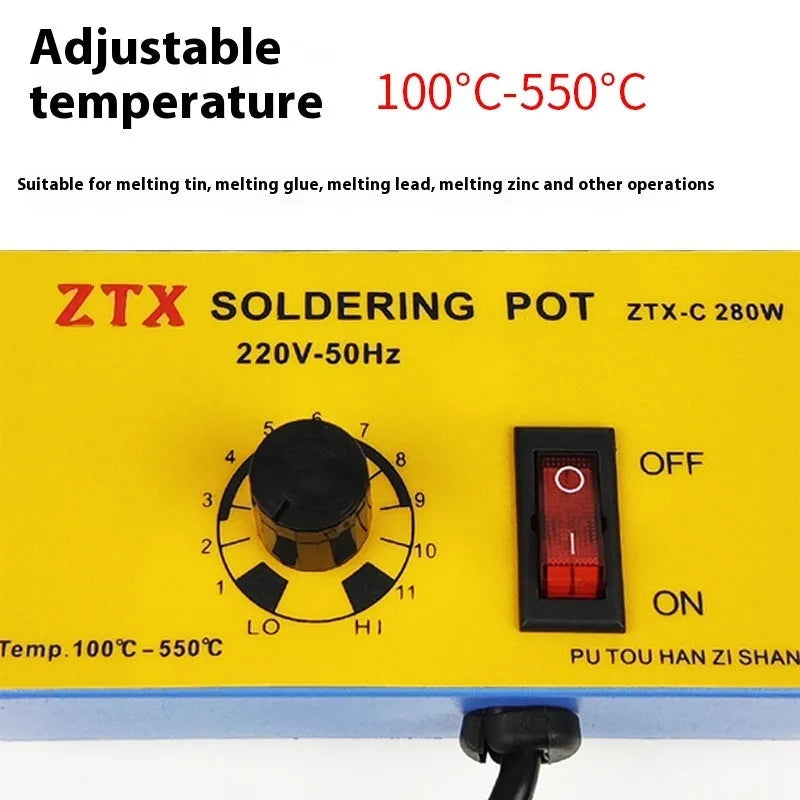 Adjustable temperature desktop tin melting furnace for soldering, titanium-plated, with power control.