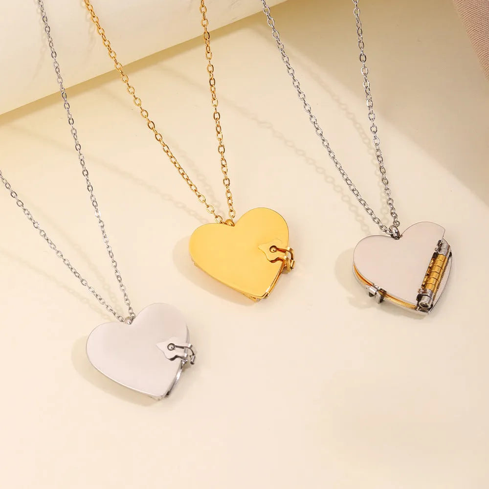 Love titanium steel heart-shaped book pendant necklace with PVD gold plating and O-link chain