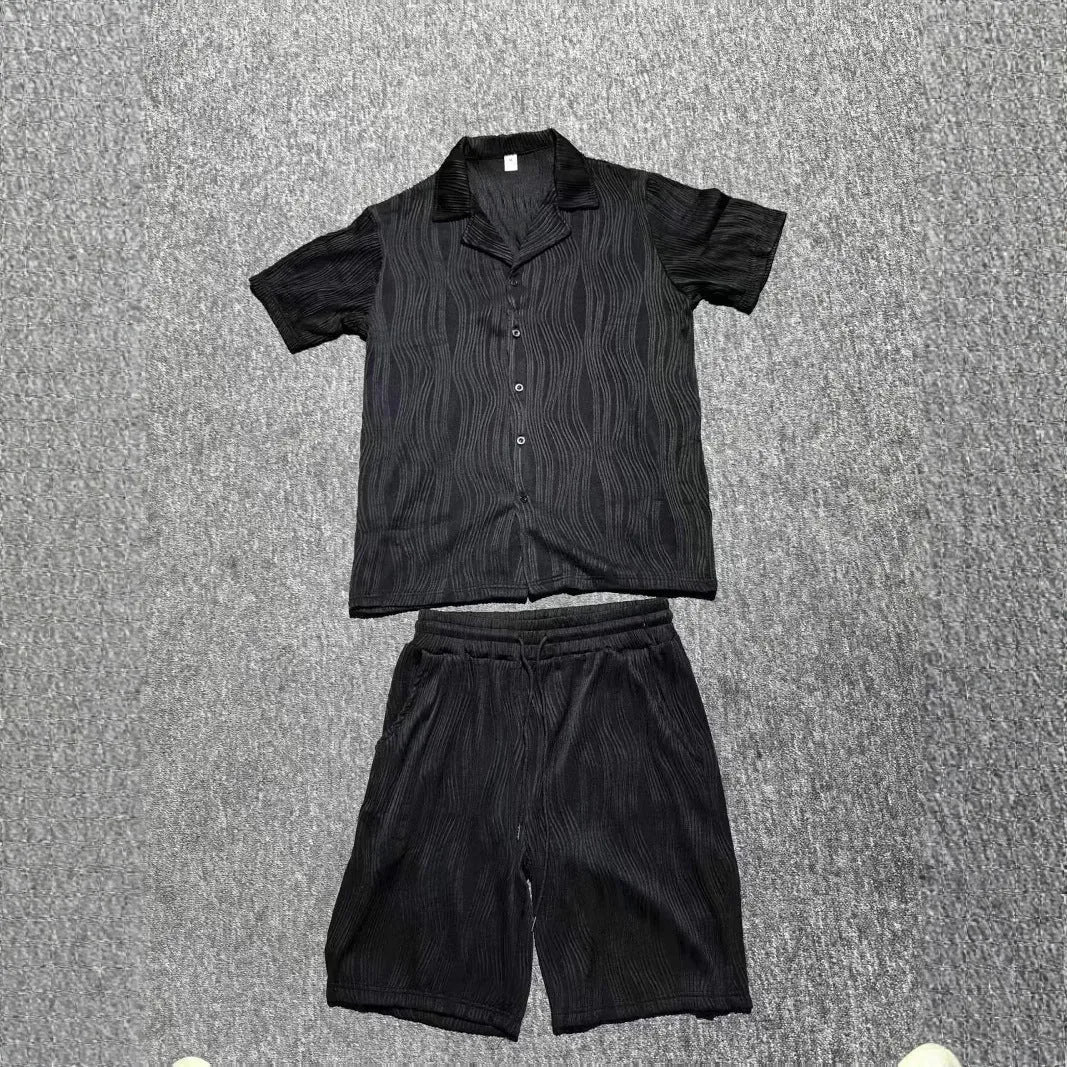 Men's black short sleeve shirt and shorts suit with wave pattern design for summer casual wear