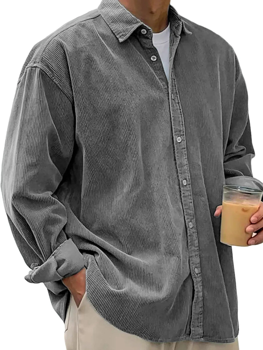 Men's casual loose corduroy shirt jacket in solid colour, cardigan style, autumn winter wear