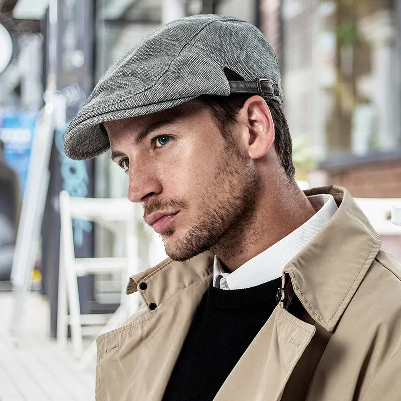 Men's cotton linen blend beret in dome crown style with adjustable fit for 55-58cm head circumference