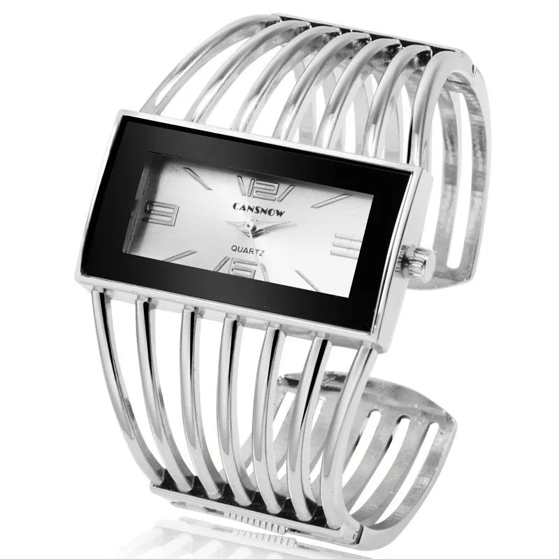 CANSNOW women's rose gold bangle bracelet watch with round white dial and quartz movement
