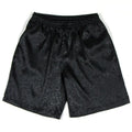 Man wearing black traditional tang suit shorts with an elastic drawstring waistband.