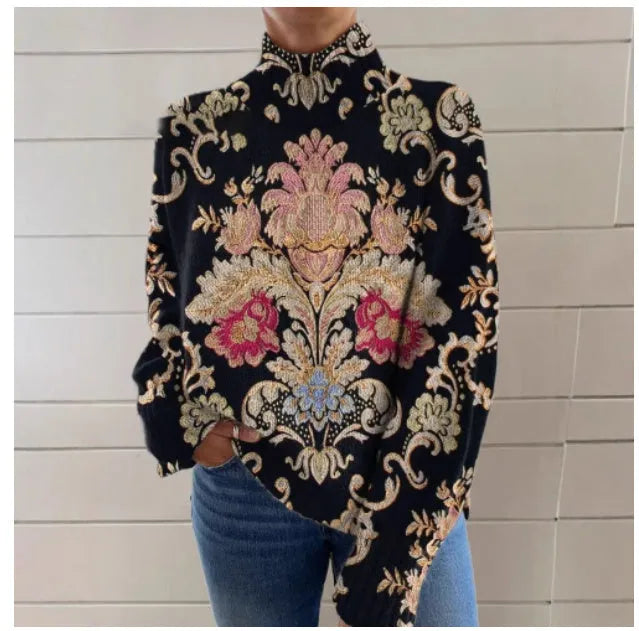 Black 3D pattern printed turtleneck long sleeve sweater with loose fit and Japanese Korean styling