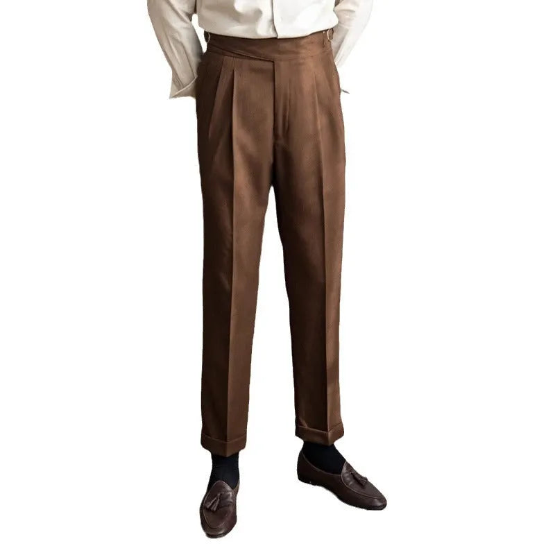 Men's high waist straight leg casual trousers in black polyester fabric on a mannequin.